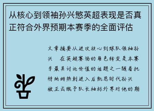 从核心到领袖孙兴慜英超表现是否真正符合外界预期本赛季的全面评估